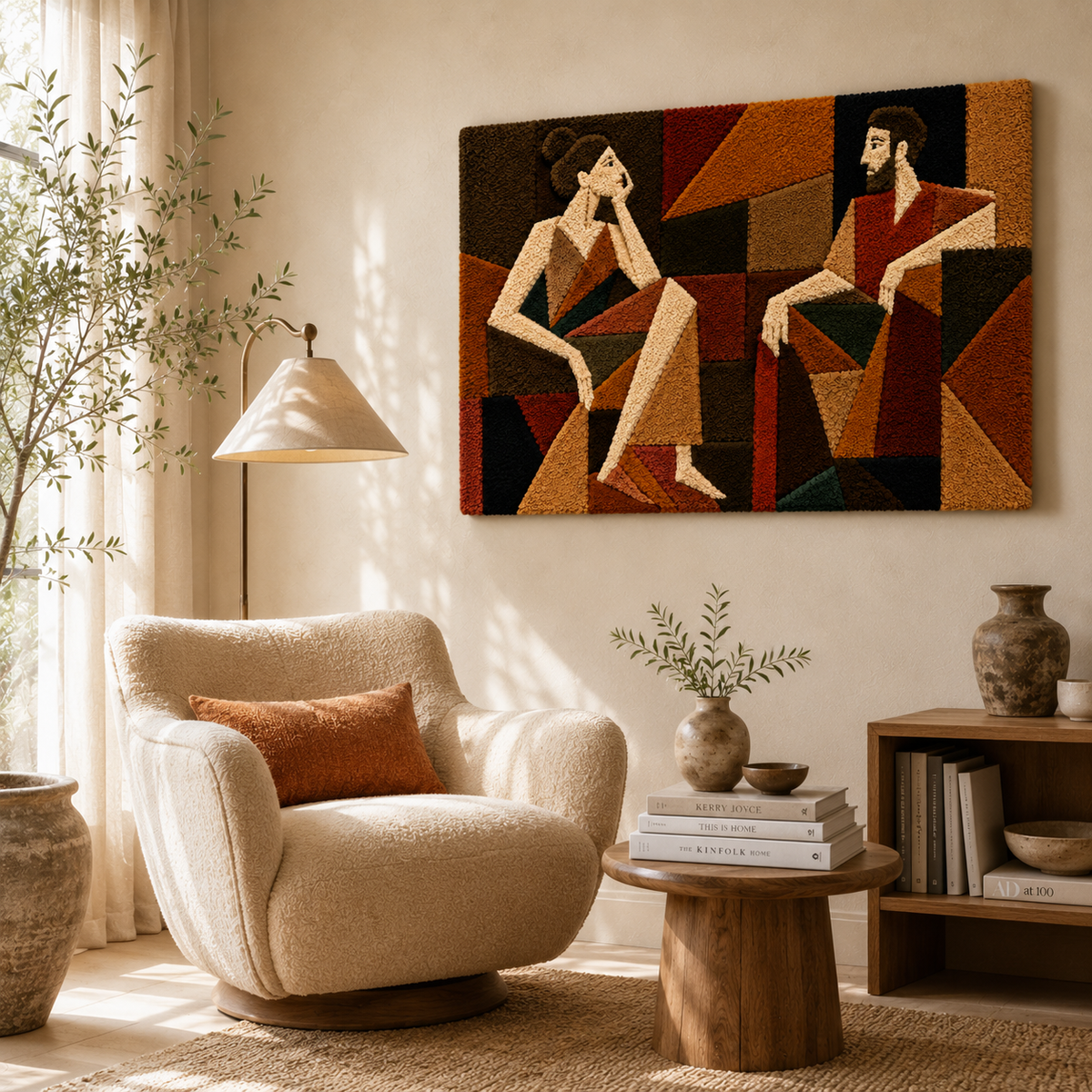Hewn Earth Afterglow Aviary wall art featuring colorful bird illustrations on a neutral background.