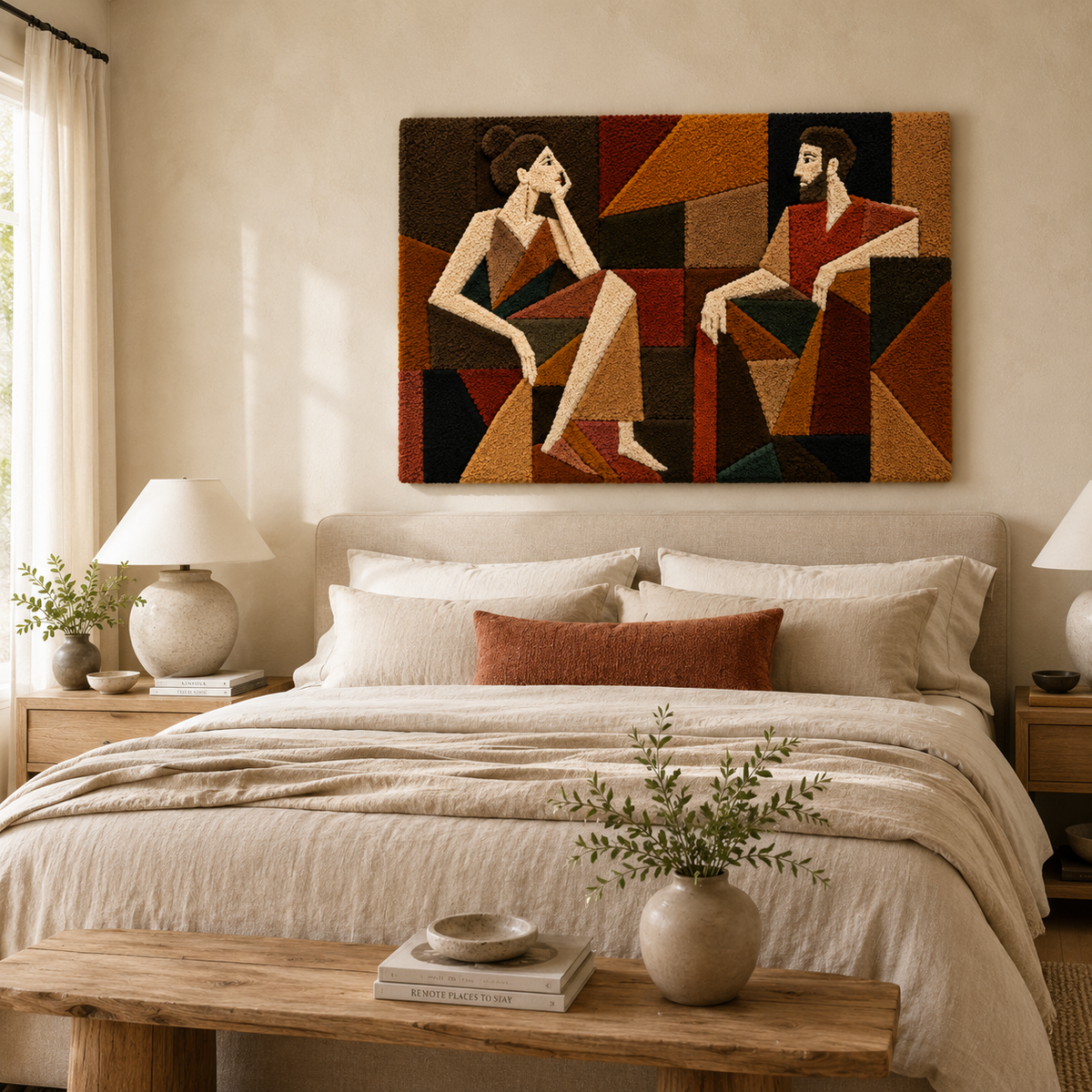 Hewn Earth Afterglow Aviary wall art featuring vibrant, abstract bird illustrations on a textured background.
