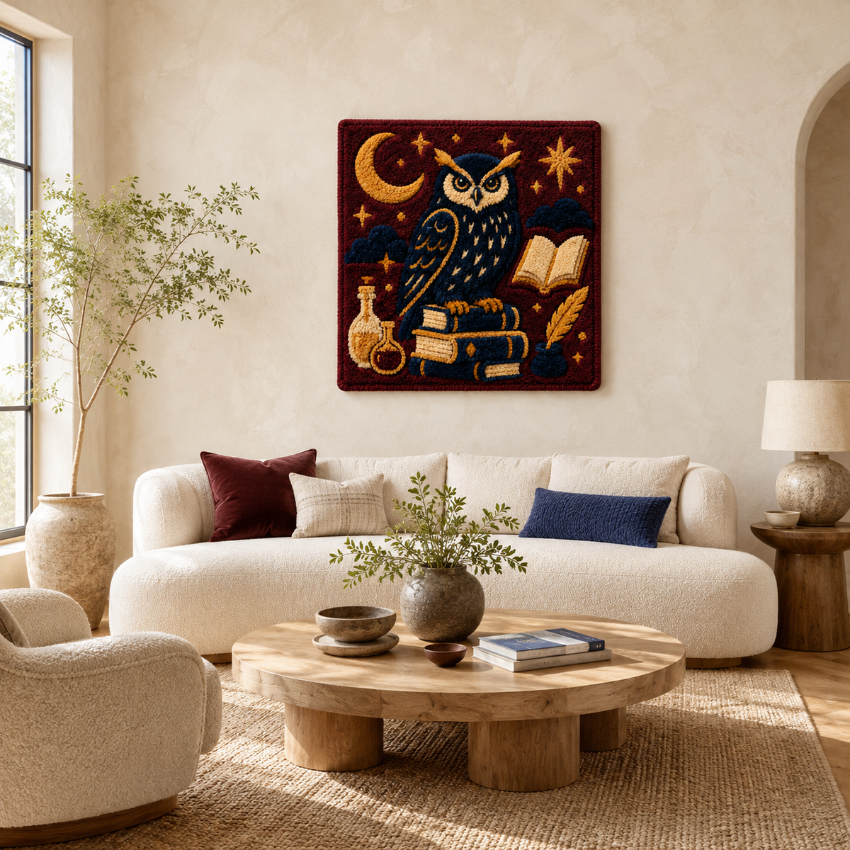 Hewn Earth Ember Nightfall wall art displayed on a room wall, showcasing vibrant abstract design in warm tones.