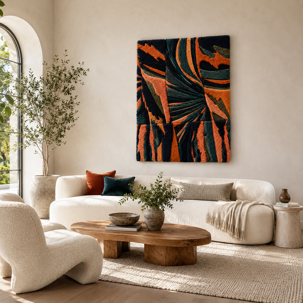 Luminous Dawn wall art by Hewn Earth featuring a vibrant, abstract design displayed on a modern room wall.