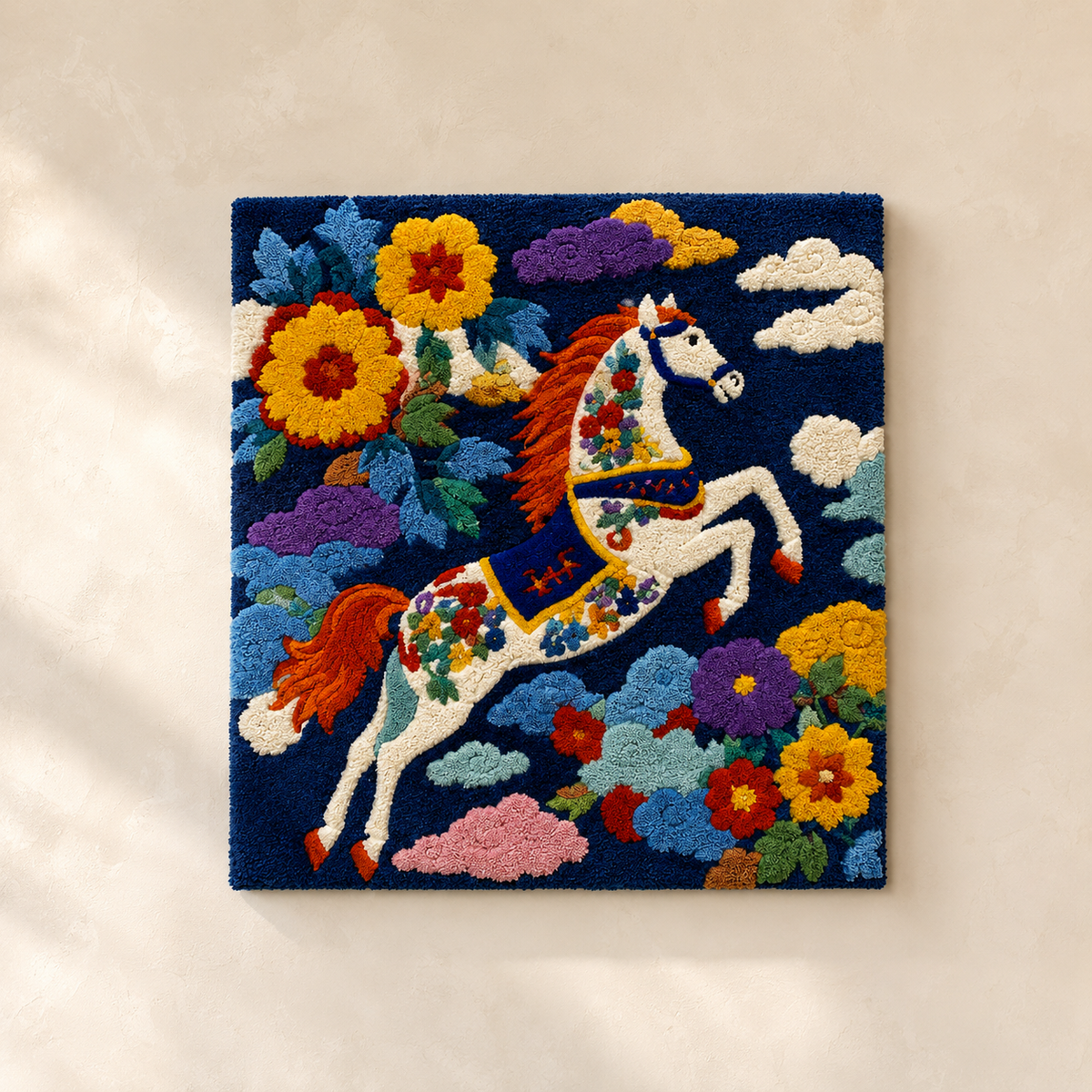 Close-up of Hewn Earth Ember Yarrow wall art showing intricate design and vibrant colors on textured surface.