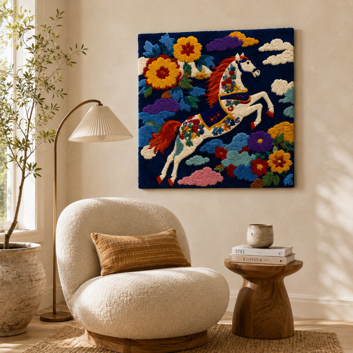 Ember Yarrow wall art by Hewn Earth featuring vibrant orange and green botanical design on a neutral background.