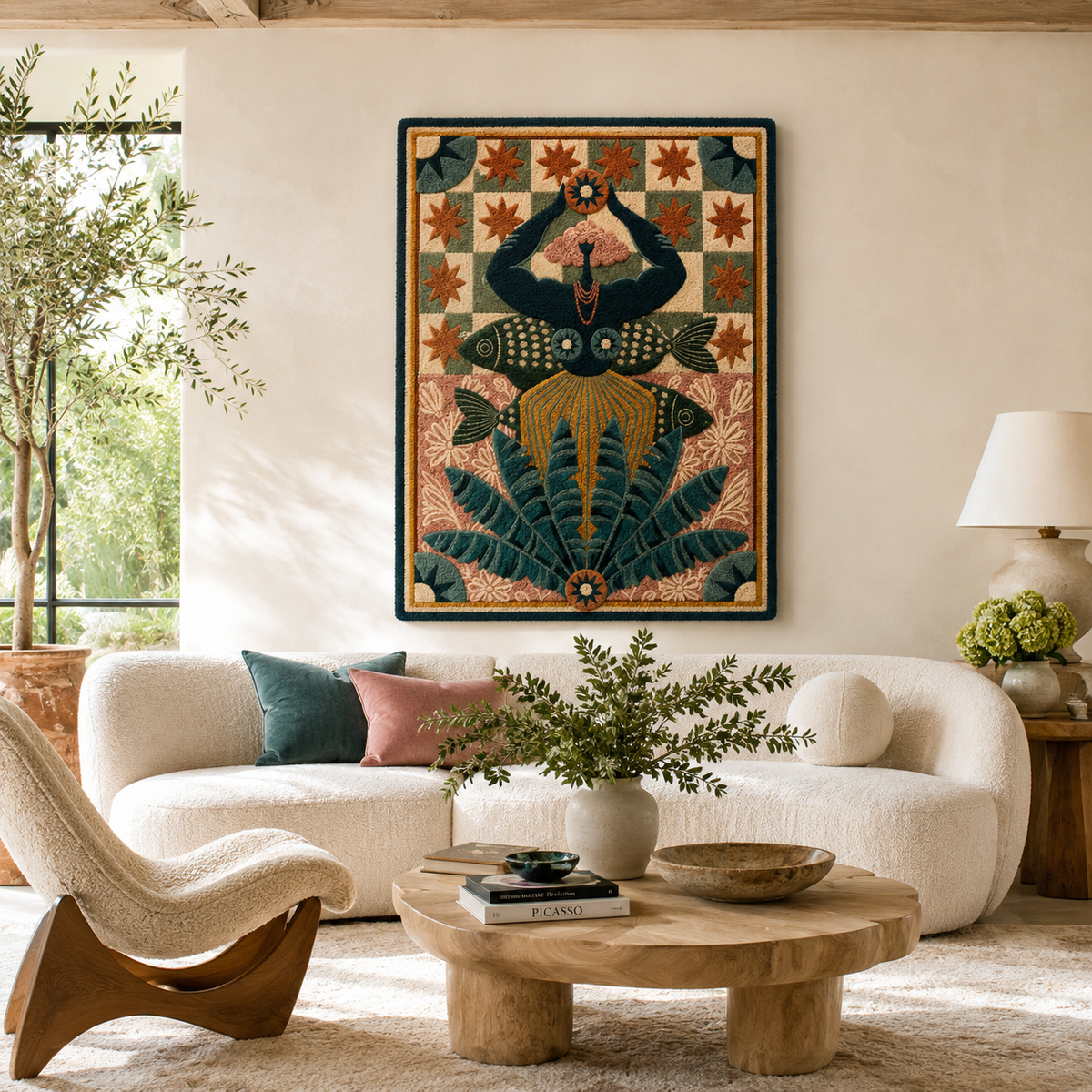 Close-up of Hewn Earth Cinder Parade wall art, showcasing textured design and earthy tones on a sleek canvas.