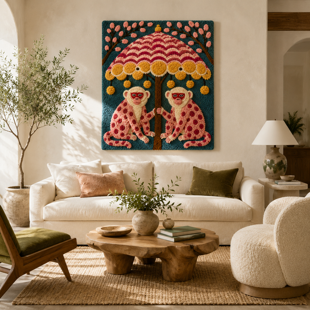 Hewn Earth Afterglow Thicket wall art featuring lush green foliage and vibrant sunset tones on a textured canvas.