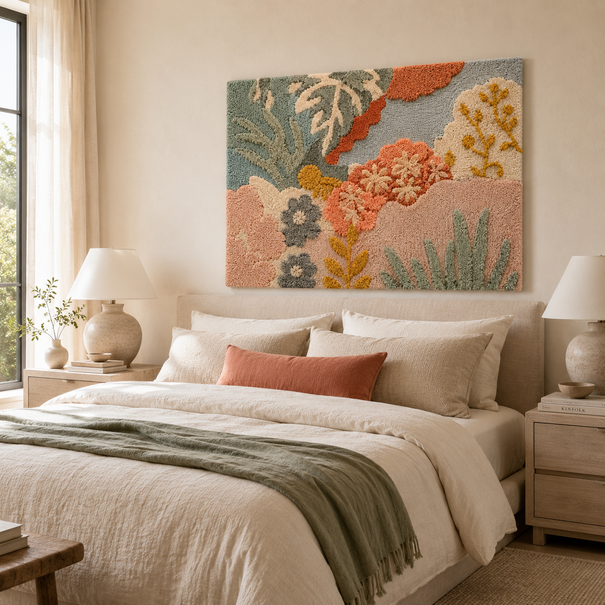 Hewn Earth Ember Iris wall art featuring a colorful, abstract design displayed on a modern room wall.