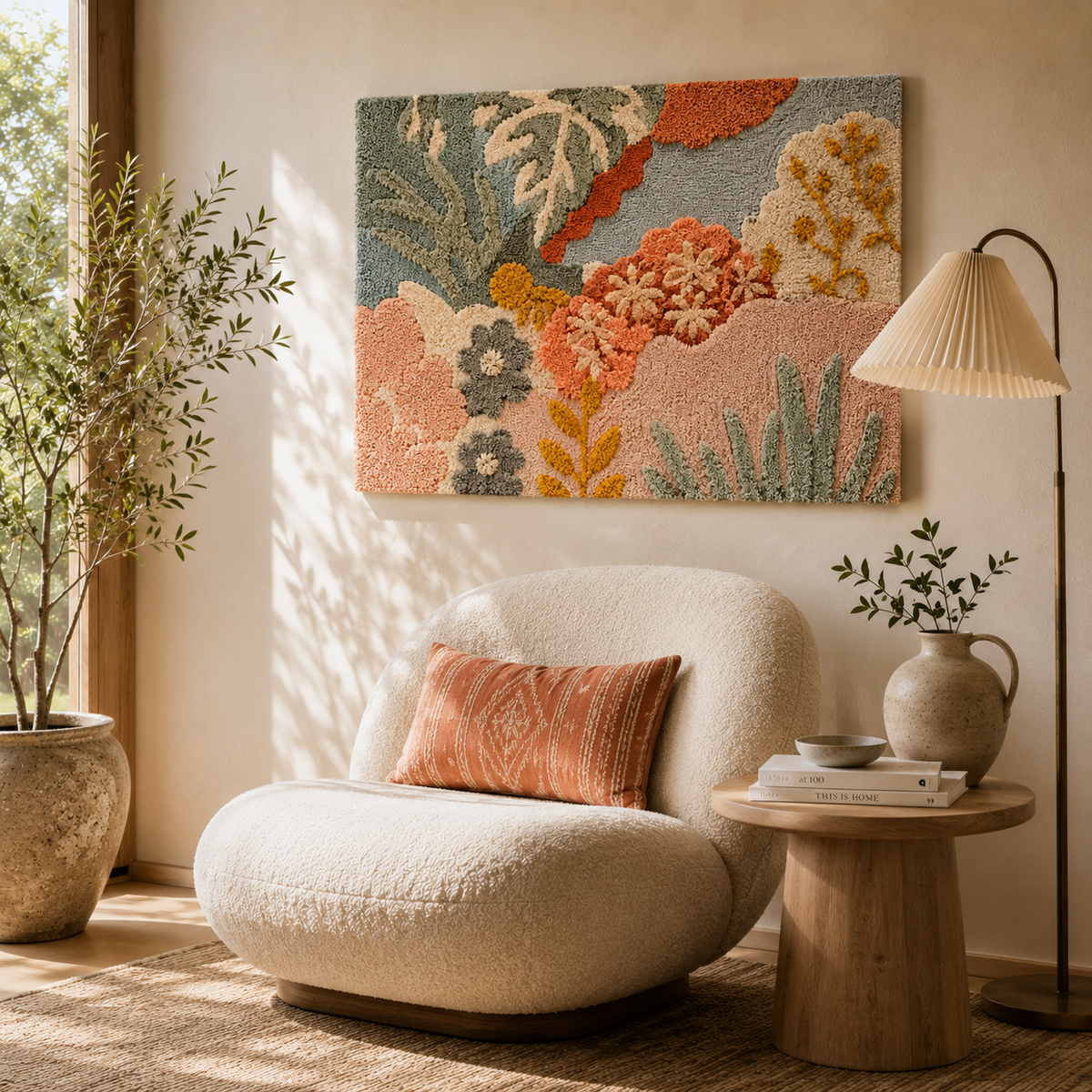 Hewn Earth Ember Iris wall art featuring vibrant, abstract floral design on a textured canvas for modern home decor.