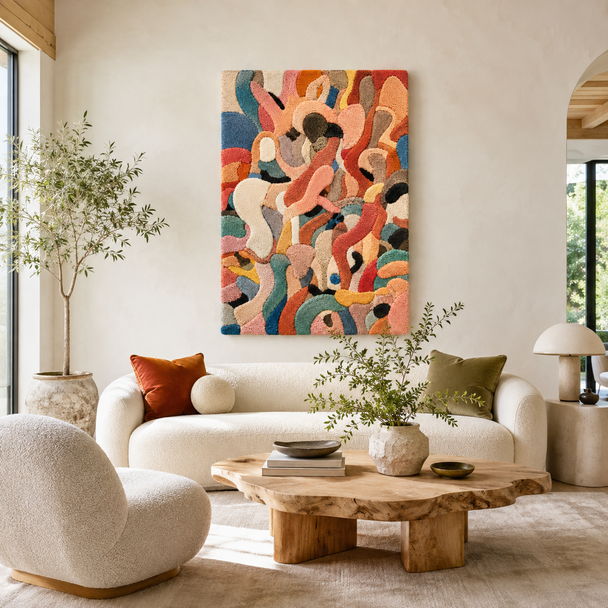 Hewn Earth Cinder Arcade wall art featuring abstract light and dark tones, modern wall decor for contemporary interiors.