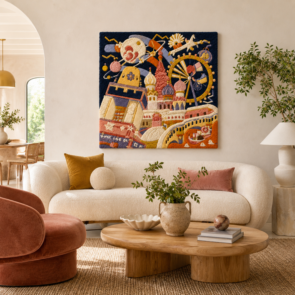 Hewn Earth Ember Harbor wall art featuring a scenic landscape with warm tones and textured details in a natural wood frame.