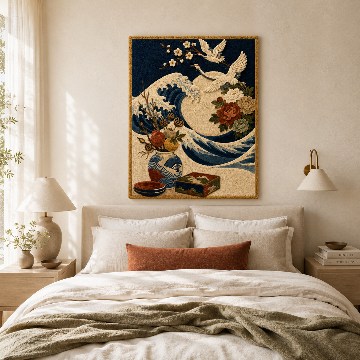 Hewn Earth luminous tapestry wall art featuring intricate, glowing patterns displayed on a modern room wall.