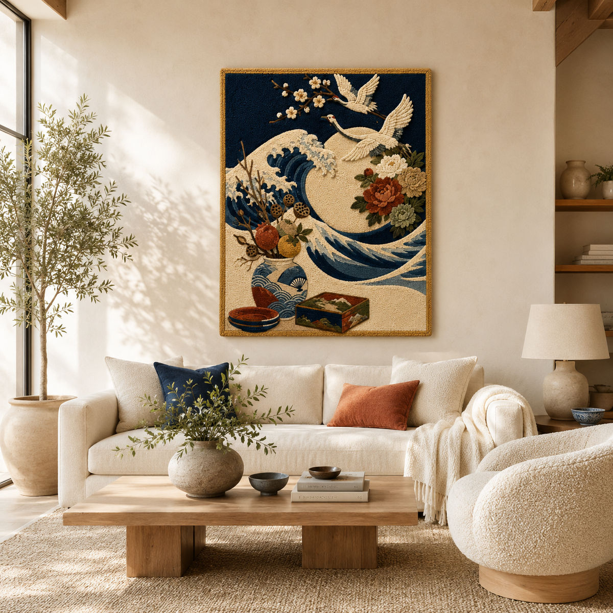 Hewn Earth luminous tapestry wall art with vibrant, glowing patterns displayed on a wall, showcasing intricate design details.