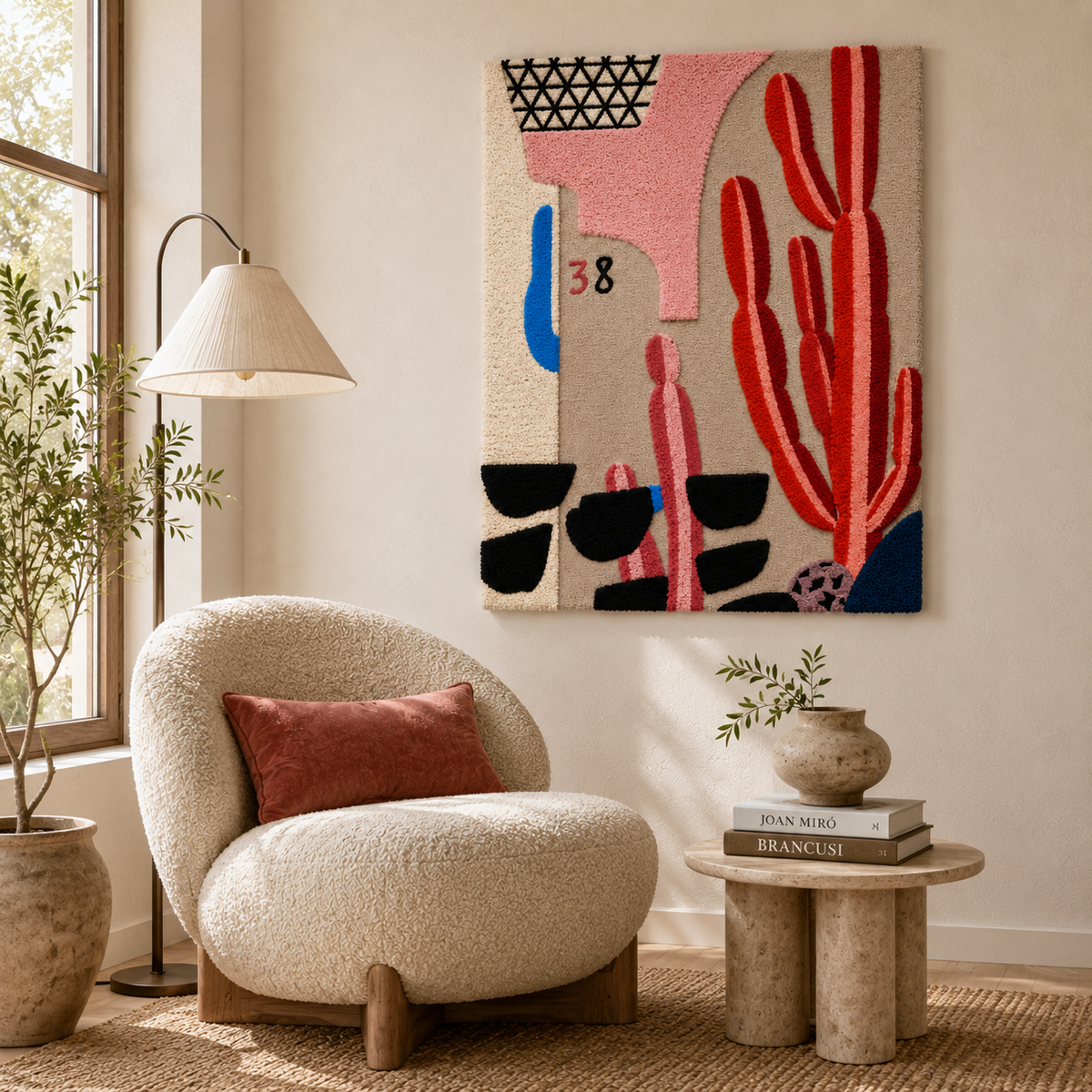 Hewn Earth Ember Orchard wall art featuring vibrant, abstract autumn leaves in warm tones on a neutral background.