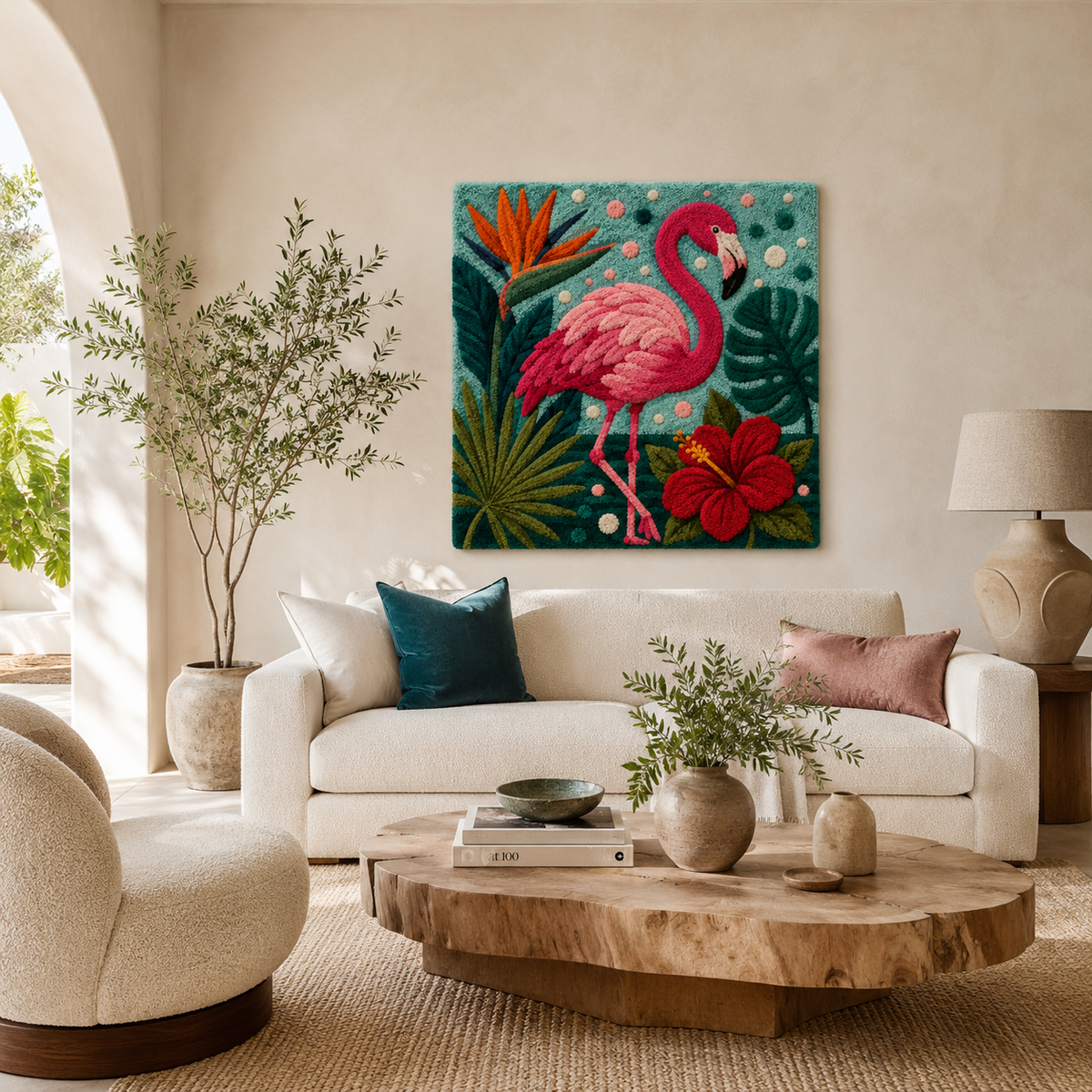 Close-up of Hewn Earth Cinder Saffron wall art featuring warm, textured abstract design on a neutral background.