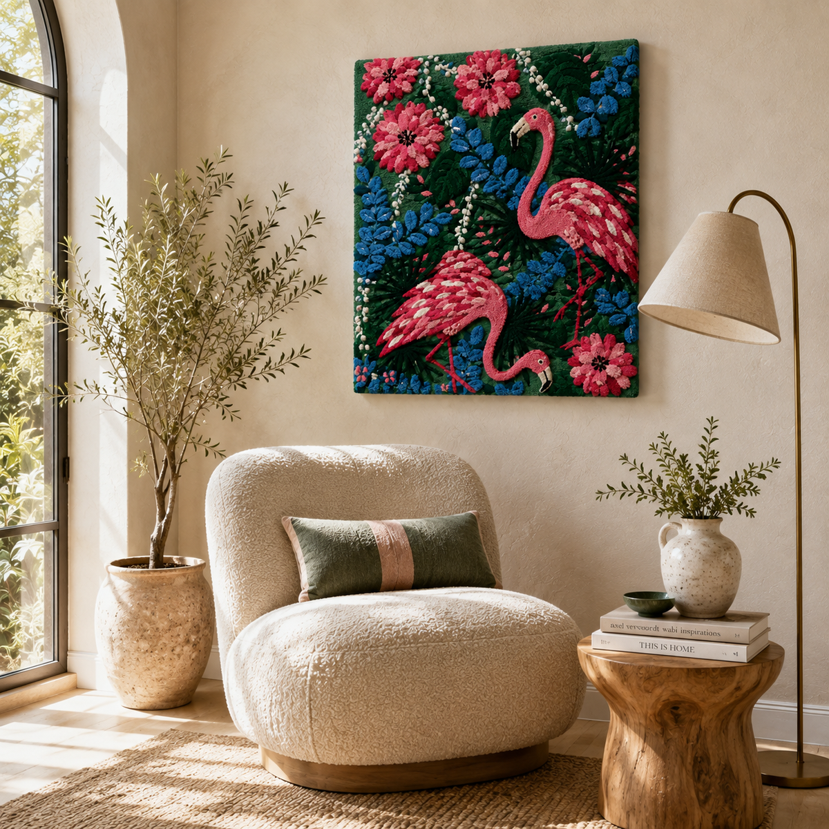 Hewn Earth Ember Aster wall art featuring a vibrant, abstract floral design on a neutral background, suitable for modern interior decor.