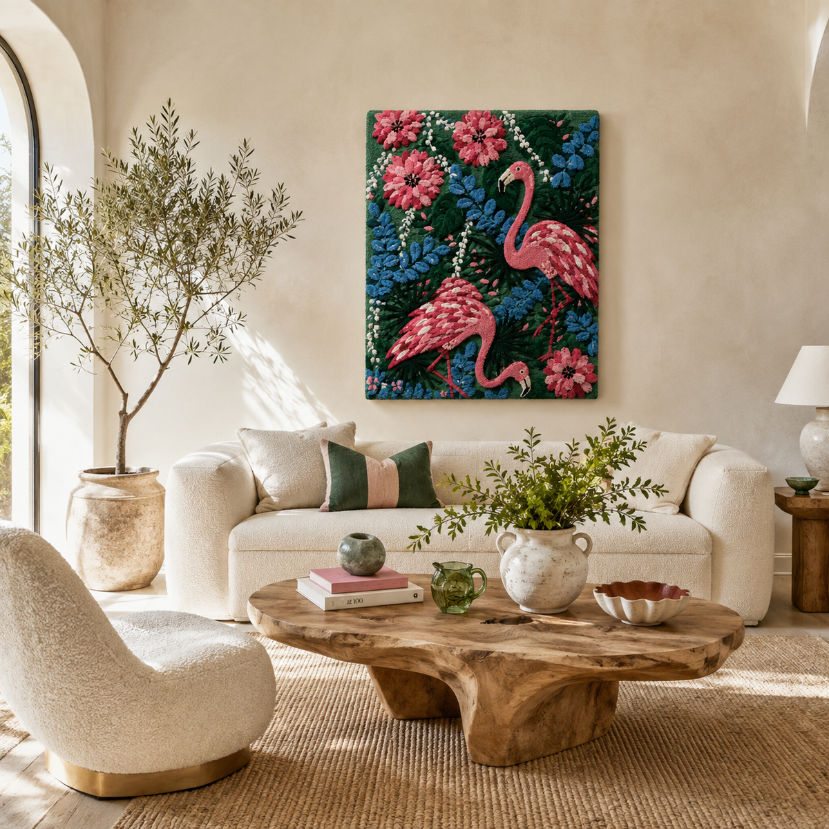 Hewn Earth Ember Aster wall art with vibrant orange and red floral design on a neutral background.