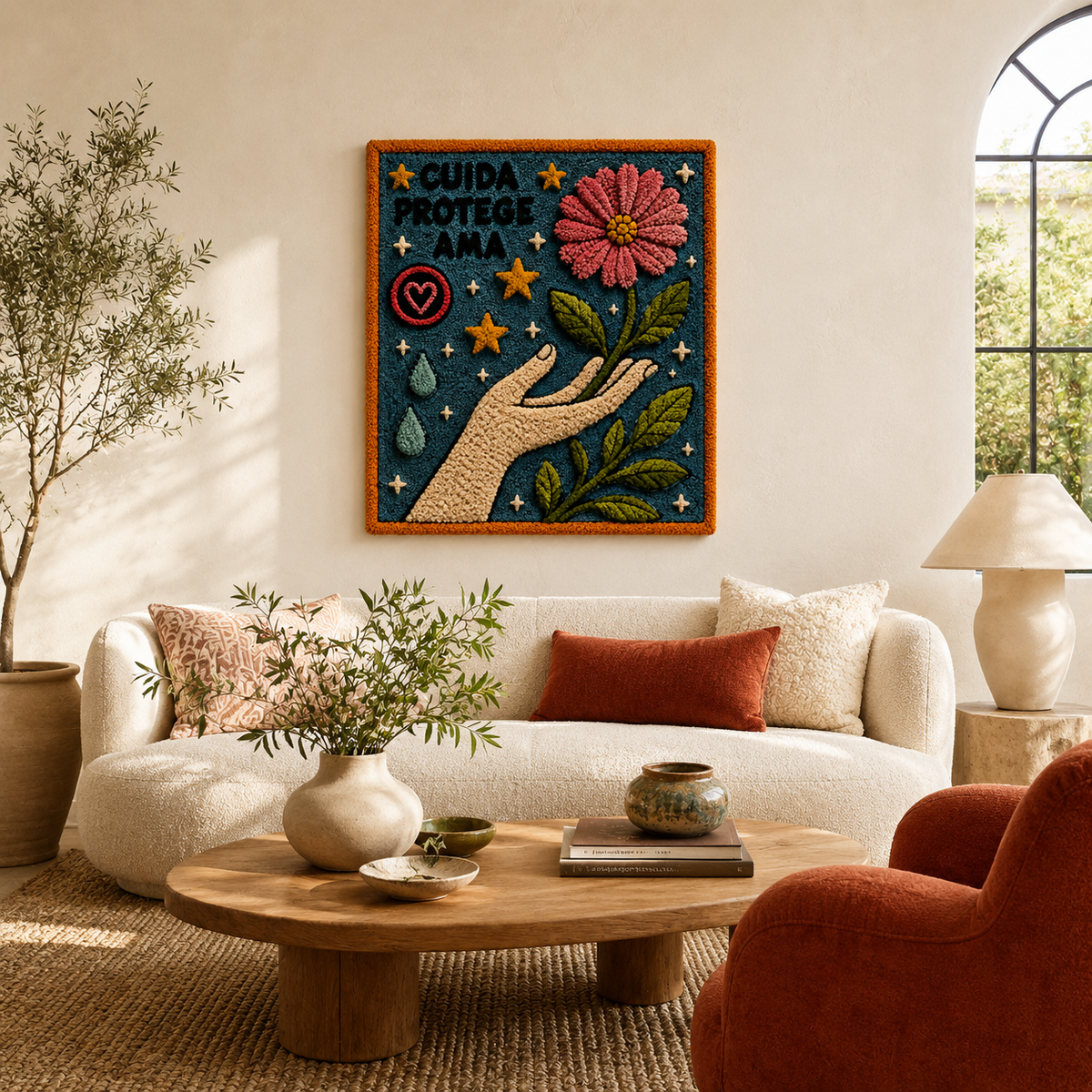 Hewn Earth Ember Jubilee wall art featuring warm, abstract geometric design on a neutral background in a modern room setting