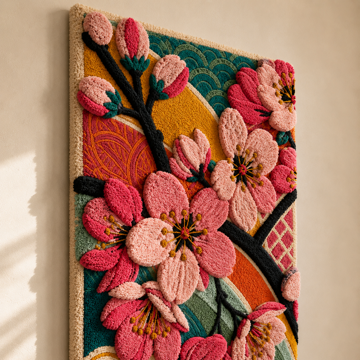 Hewn Earth Afterglow Solstice wall art hanging on a wall, featuring vibrant colors and abstract design elements.