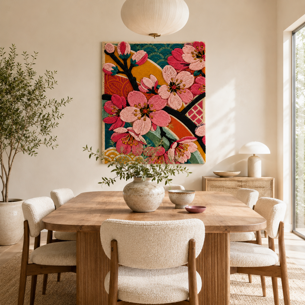 Hewn Earth Afterglow Solstice wall art featuring vibrant, abstract design with warm tones on a canvas.
