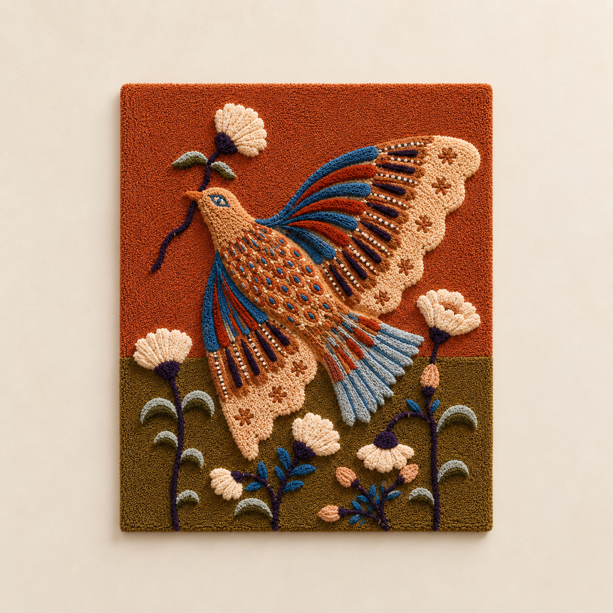 Hewn Earth Cinder Aviary wall art featuring a detailed, artistic depiction of a bird perched among branches on a textured background