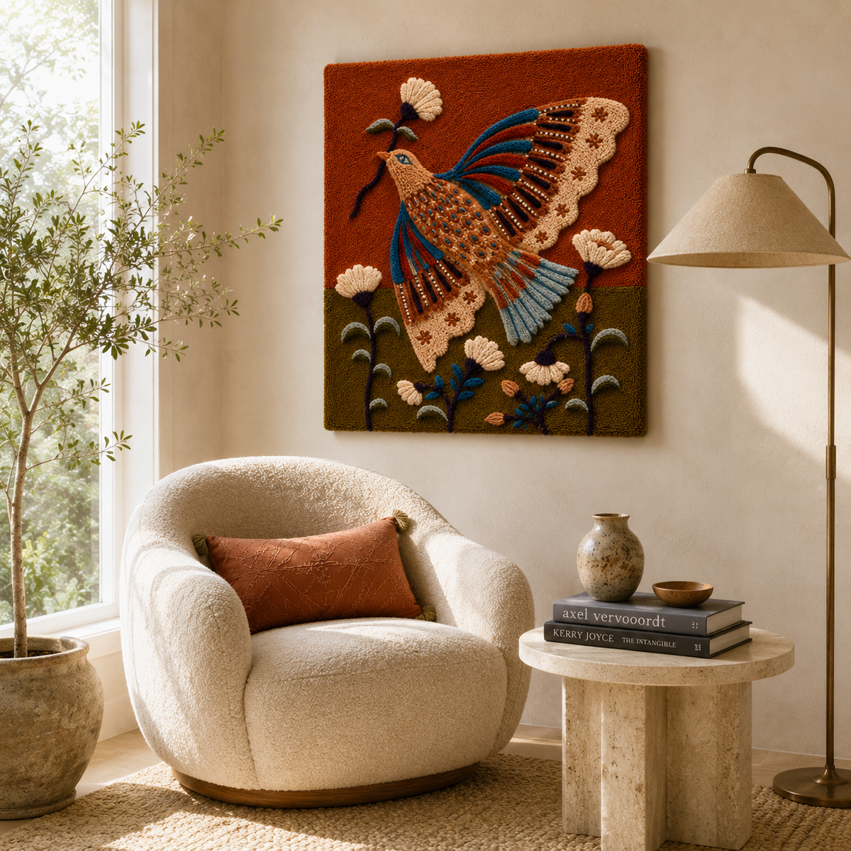 Hewn Earth Cinder Aviary wall art featuring a detailed illustration of a bird perched among cinder branches.