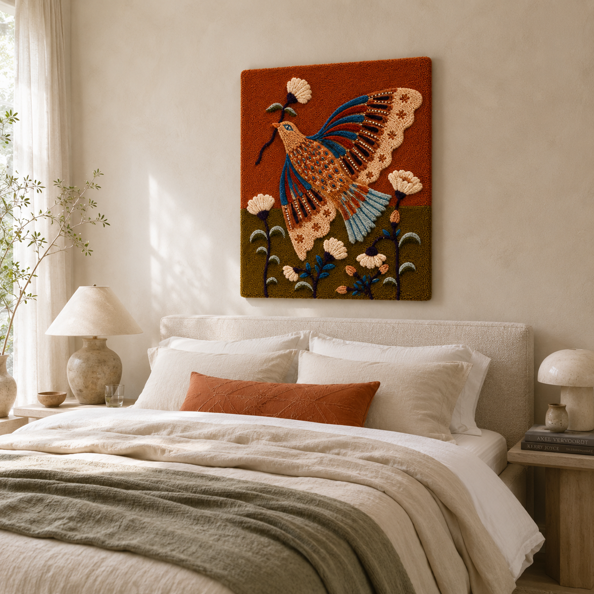 Hewn Earth Cinder Aviary wall art featuring a detailed illustration of a bird perched among branches on a neutral background.