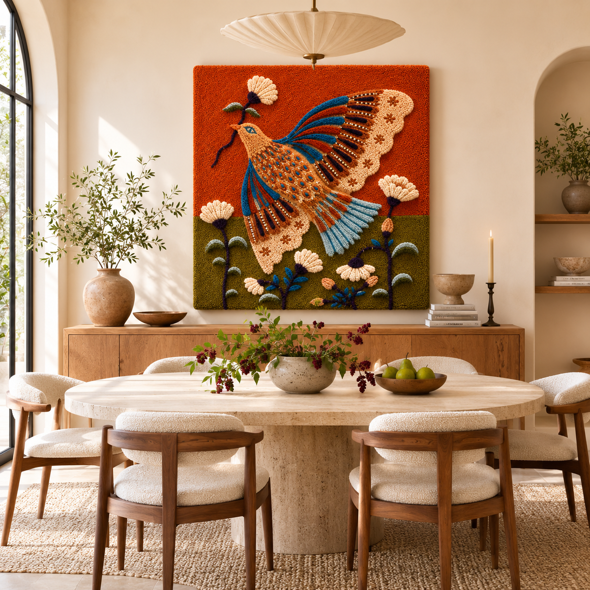 Hewn Earth Cinder Aviary wall art featuring a detailed, earthy-toned bird illustration on a textured background.