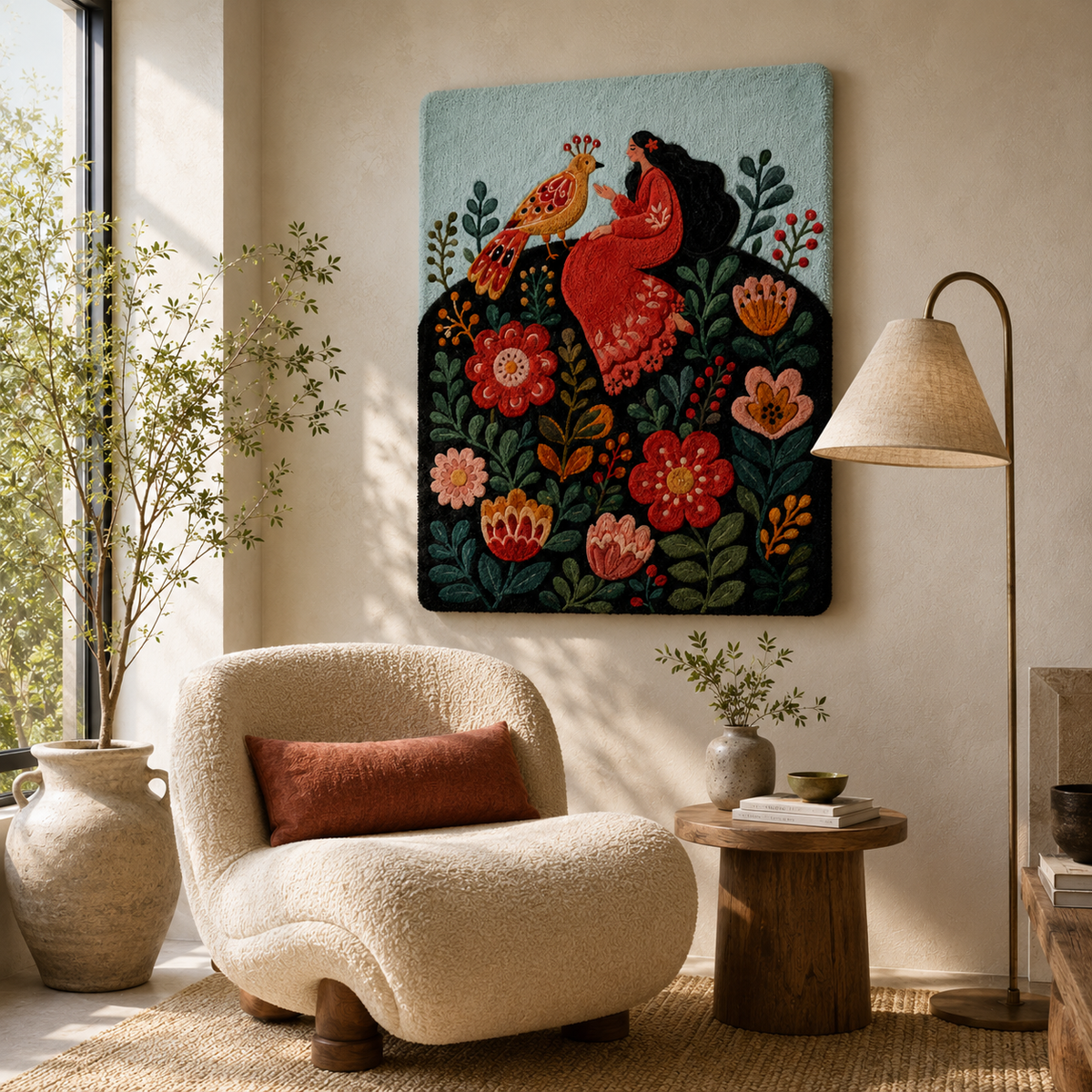 Hewn Earth Ember Grove wall art featuring a vibrant, abstract design with warm earthy tones on canvas.