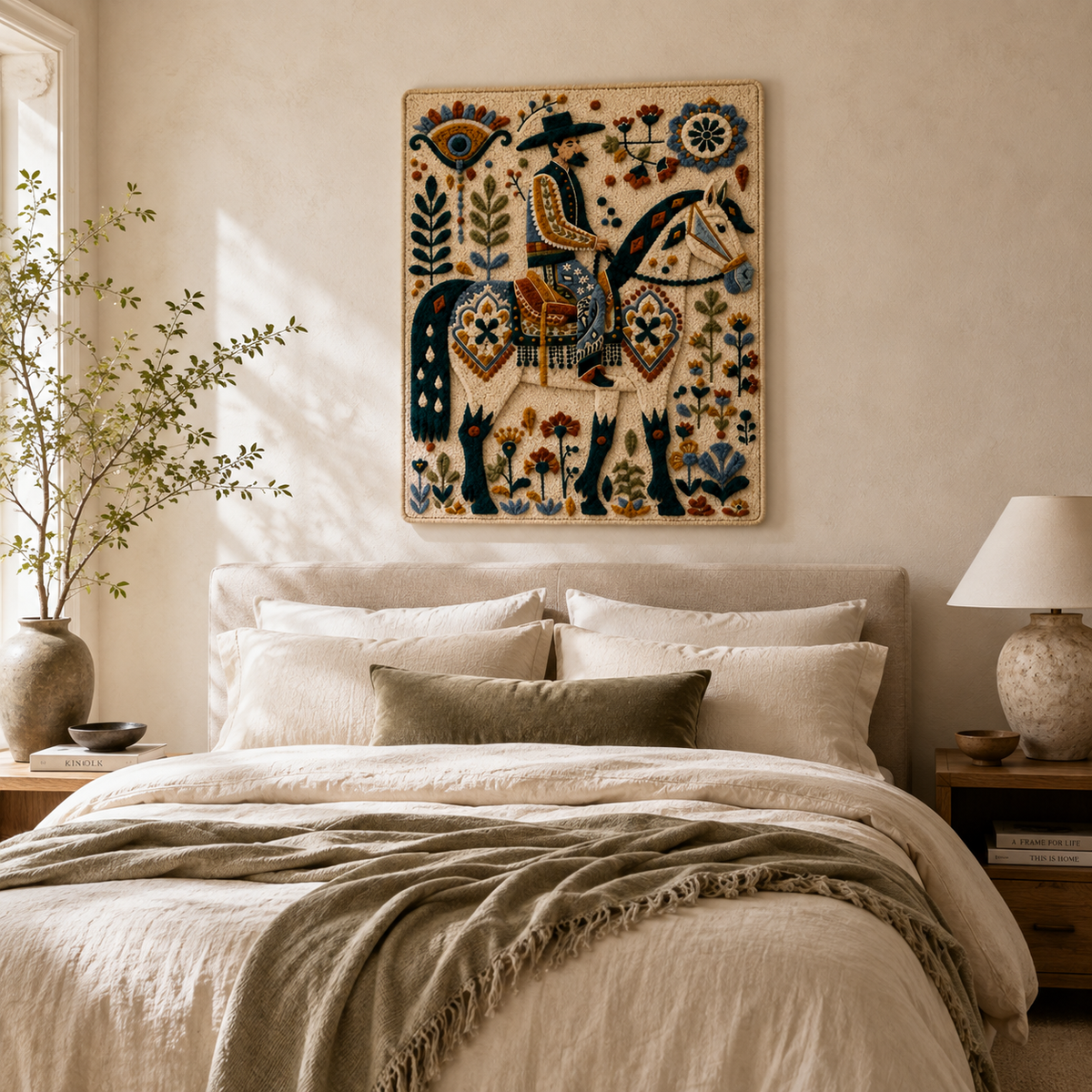 Hewn Earth Cinder Kingfisher wall art featuring a vibrant kingfisher bird perched on a branch, displayed in a room setting.
