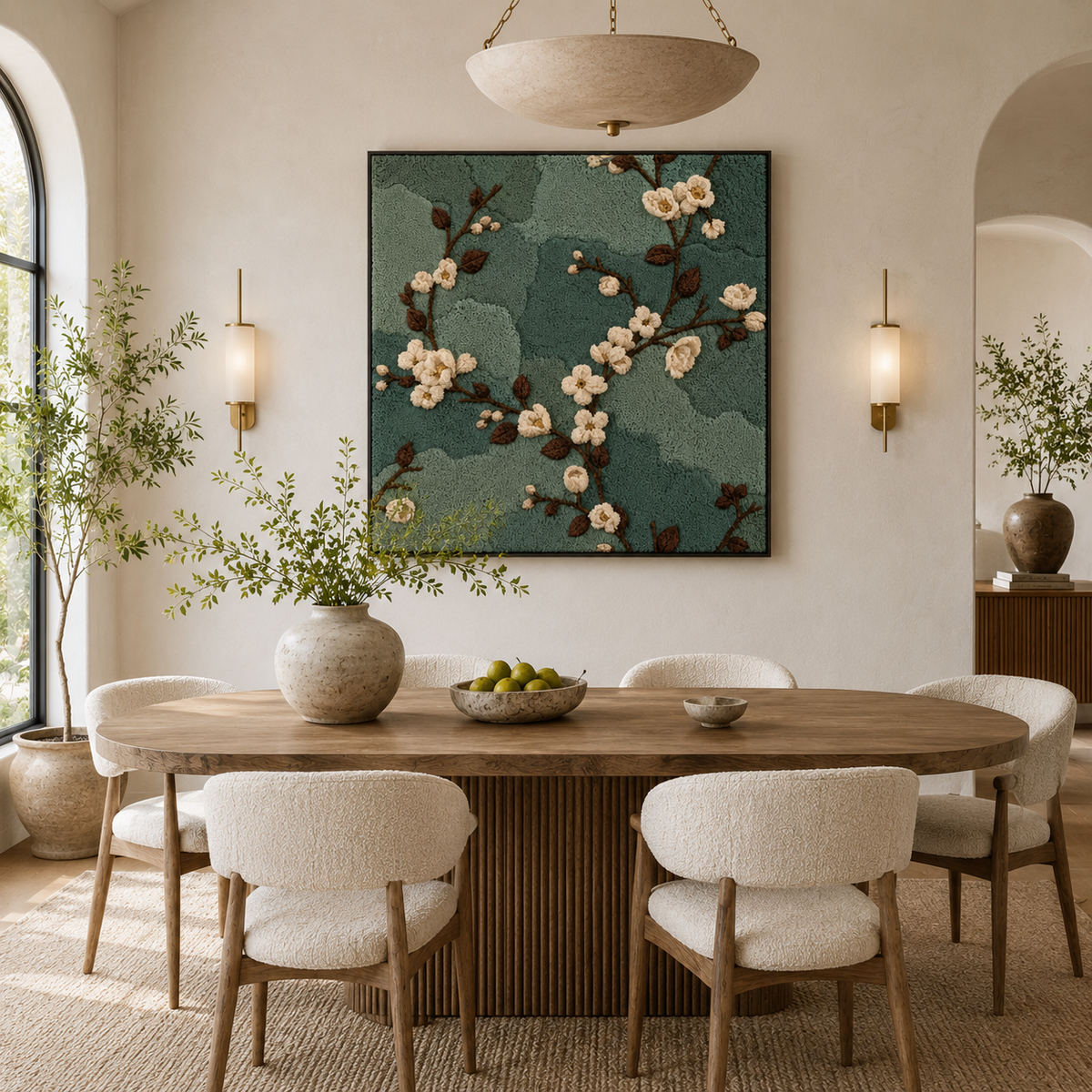 Hewn Earth Afterglow Copse wall art hanging on a wall, featuring a natural forest scene with warm glow colors in a modern frame.