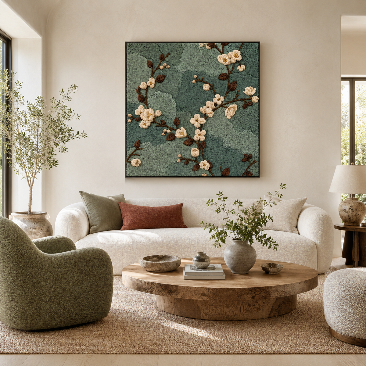 Hewn Earth Afterglow Copse wall art featuring abstract forest scene with warm earthy tones, suitable for modern interior decor.