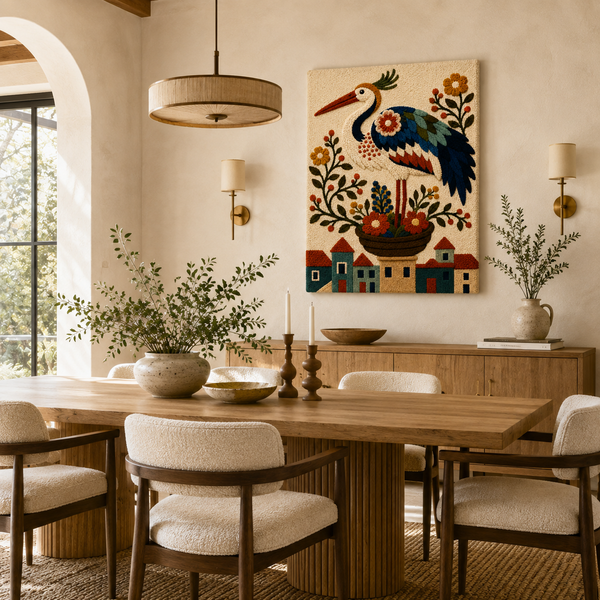 Hewn Earth Ember Parade wall art featuring vibrant, abstract design displayed on a modern living room wall.