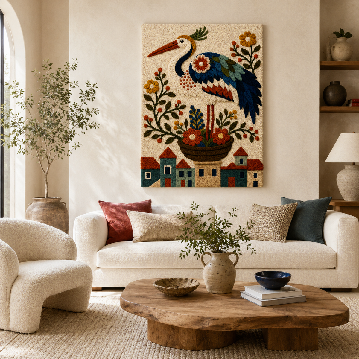 Hewn Earth Ember Parade wall art featuring vibrant, abstract fiery designs on a canvas background.