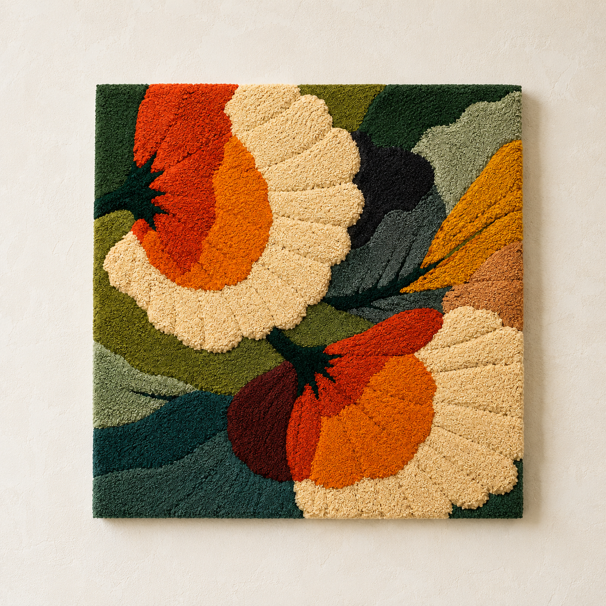 Hewn Earth Ember Arcade wall art featuring vibrant, abstract flame design on a wall display.
