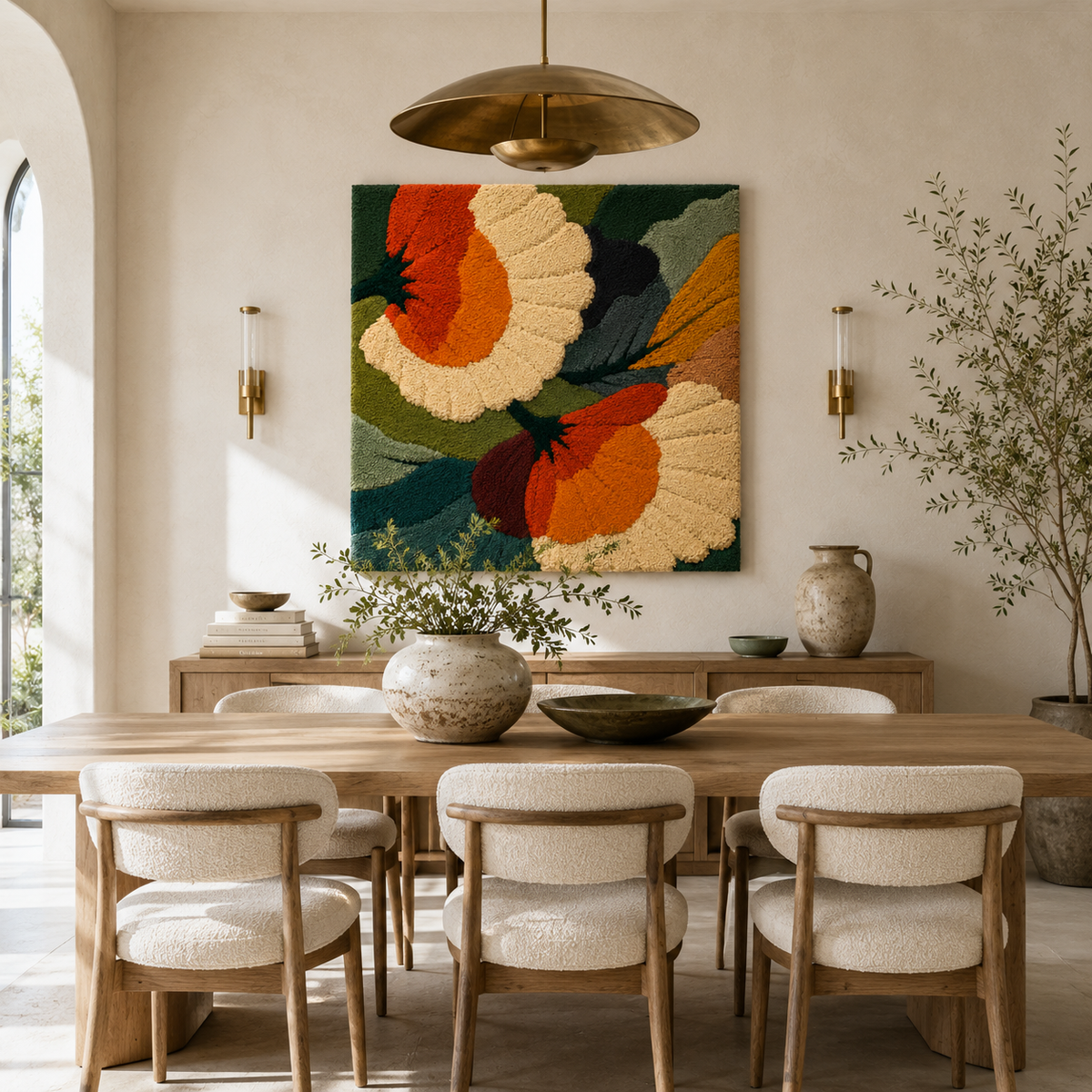 Hewn Earth Ember Arcade wall art featuring abstract, fiery orange and red tones on a textured background.