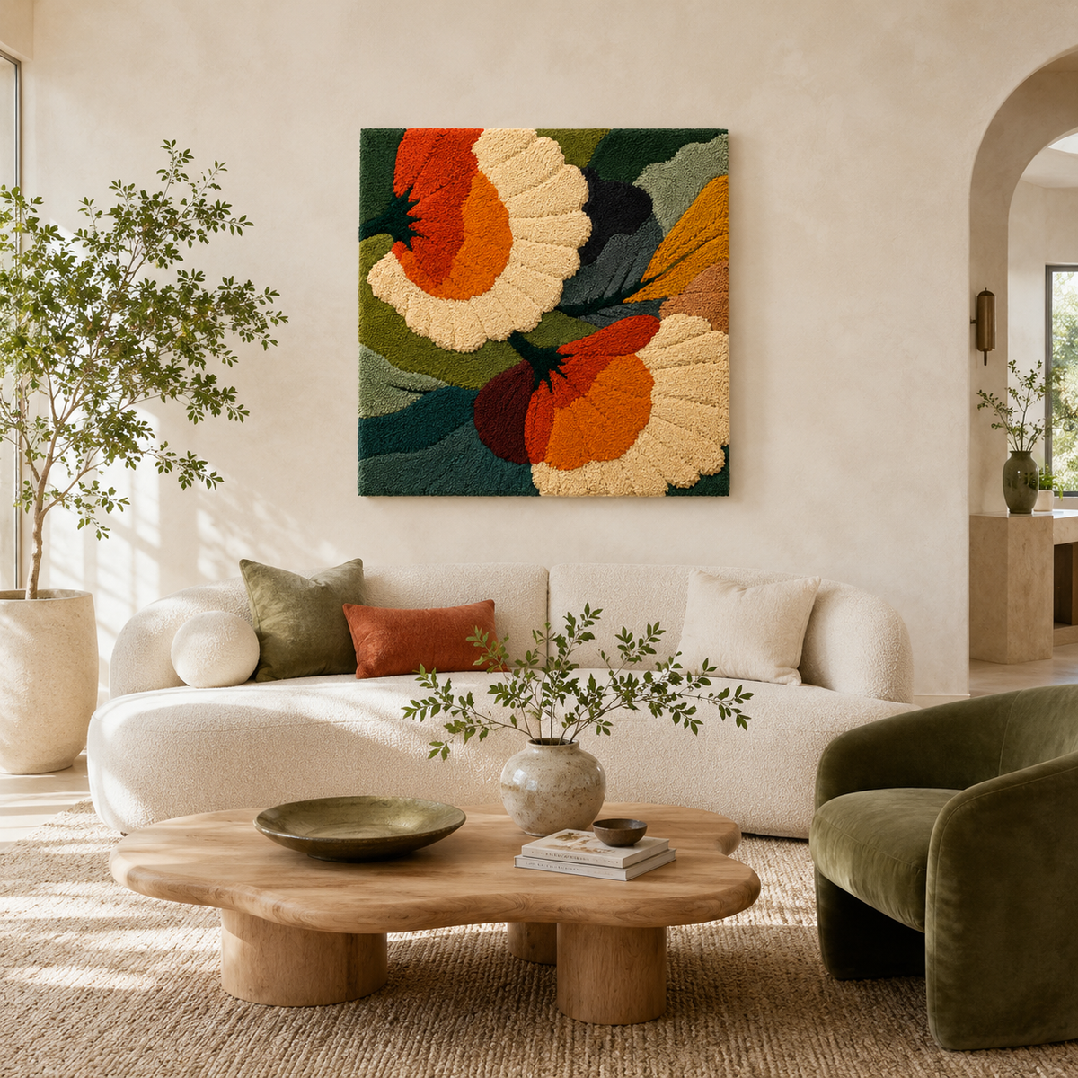 Hewn Earth Ember Arcade wall art featuring abstract, colorful designs on textured canvas for modern home decor.