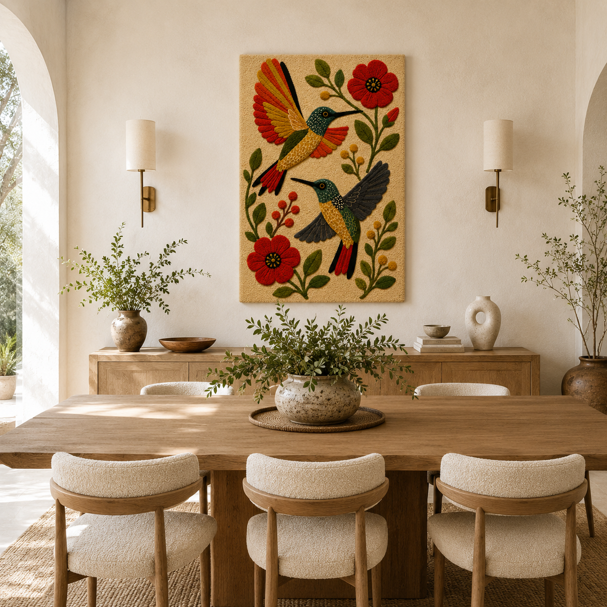 Hewn Earth Afterglow Veranda wall art featuring vibrant sunset colors and abstract design displayed on a modern living room wall
