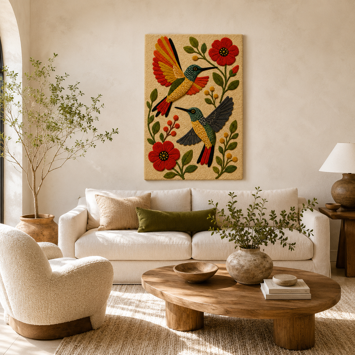 Hewn Earth Afterglow Veranda wall art featuring vibrant sunset colors and abstract design on a textured canvas.