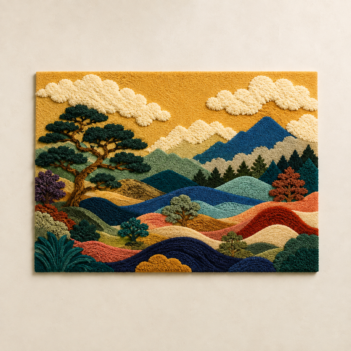 Hewn Earth Afterglow tapestry wall art hanging in a room, featuring vibrant colors and abstract design for home decor.