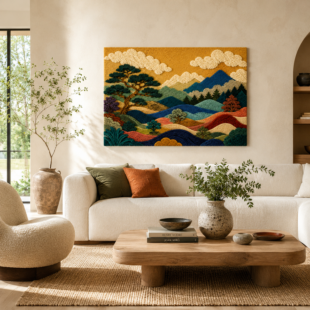 Hewn Earth Afterglow tapestry wall art featuring vibrant, abstract colors and flowing patterns for home decor.