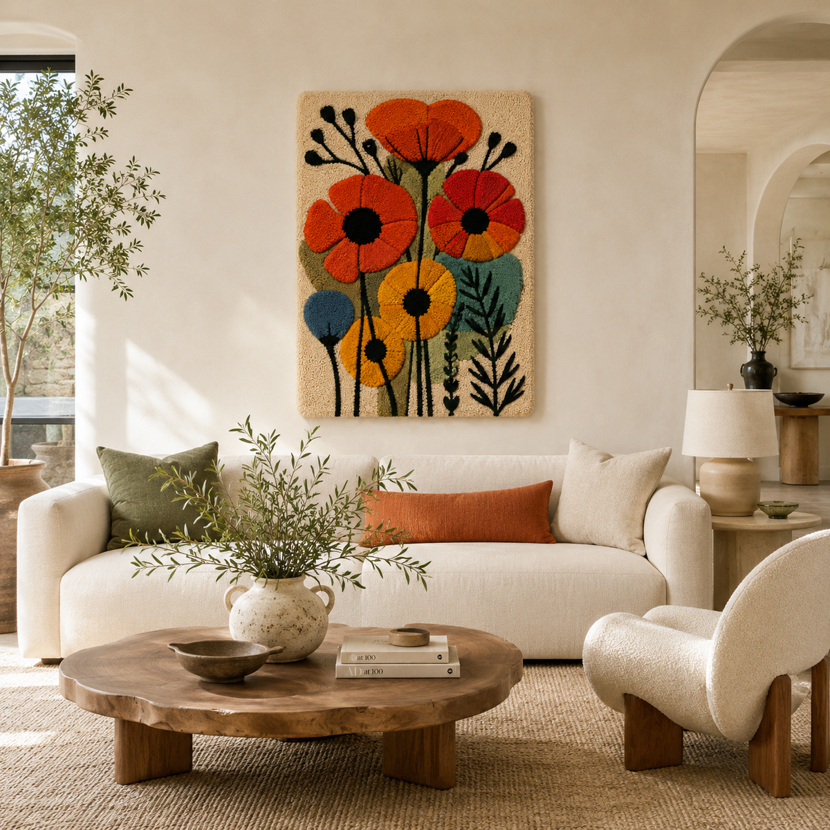 Hewn Earth Gilded Orchard wall art featuring a vibrant, detailed orchard scene with gilded accents in a modern frame.