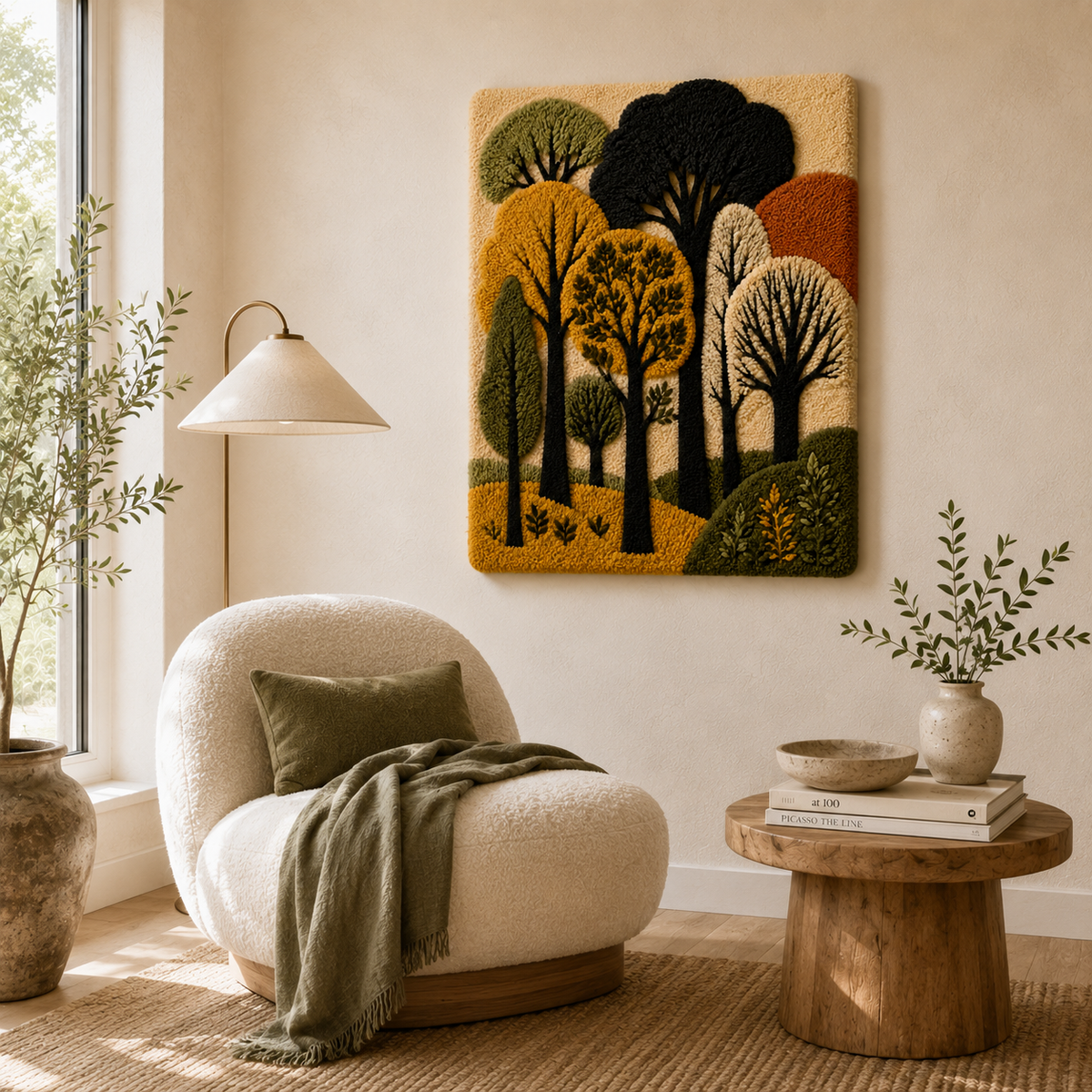 Hewn Earth Ember Saffron wall art featuring vibrant orange and red abstract design on textured canvas.