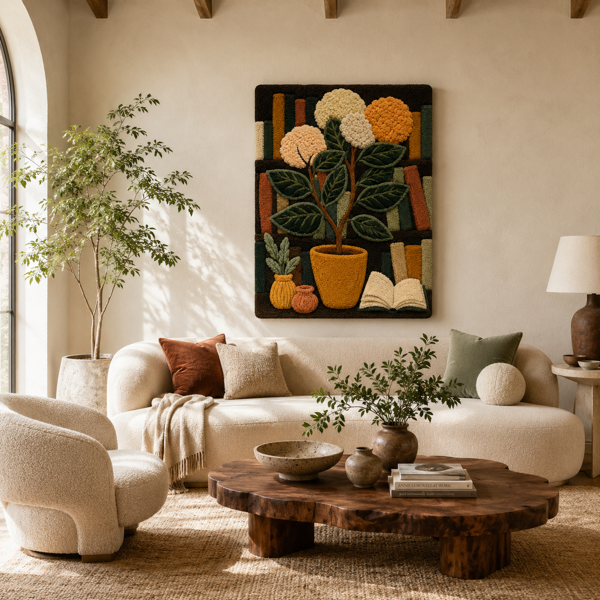 Close-up of Hewn Earth Afterglow Crescent wall art showing textured, earthy tones and intricate crescent shape on a wall.
