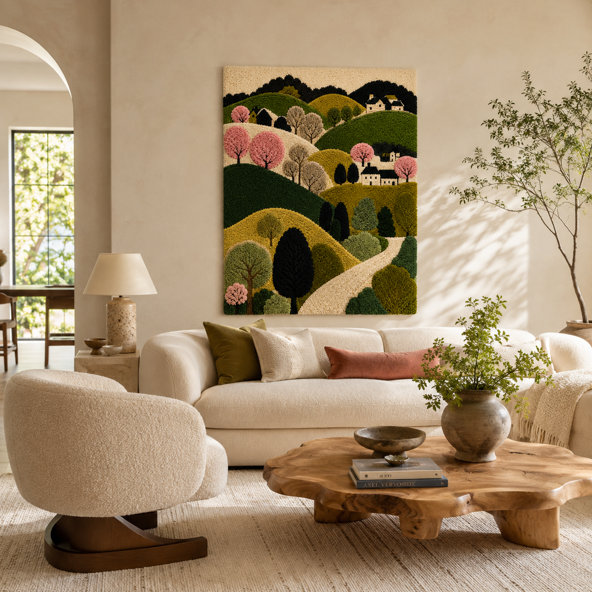 Close-up of Hewn Earth Cinder Jardin wall art, showcasing textured natural earth tones and intricate design details.