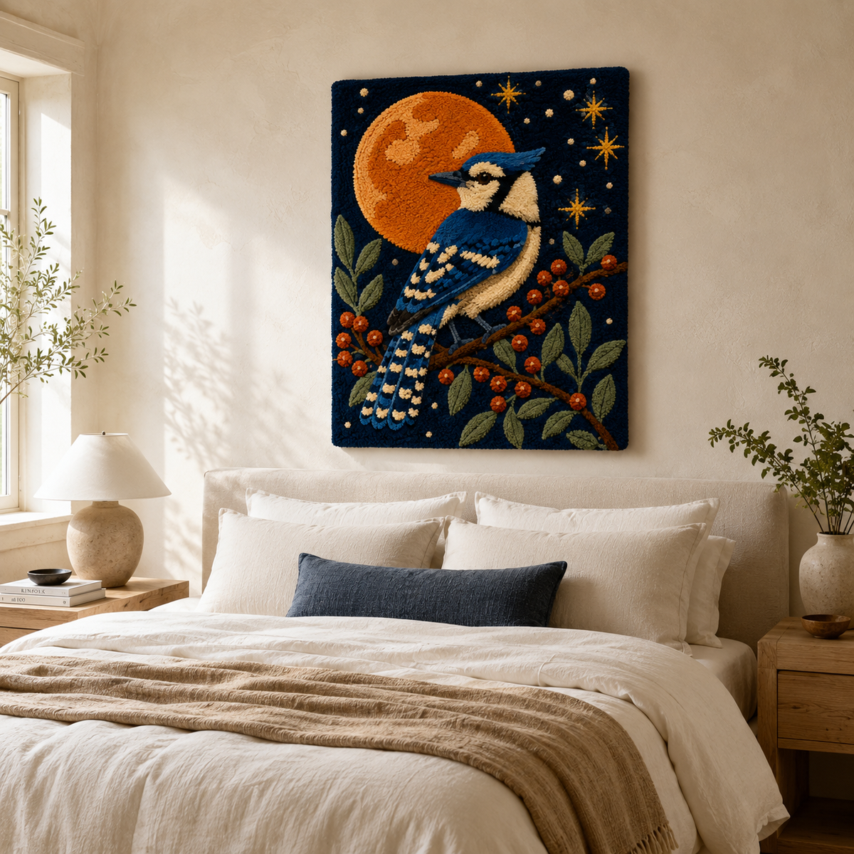 Hewn Earth Afterglow Nightingale wall art featuring a vibrant bird illustration against a light background.