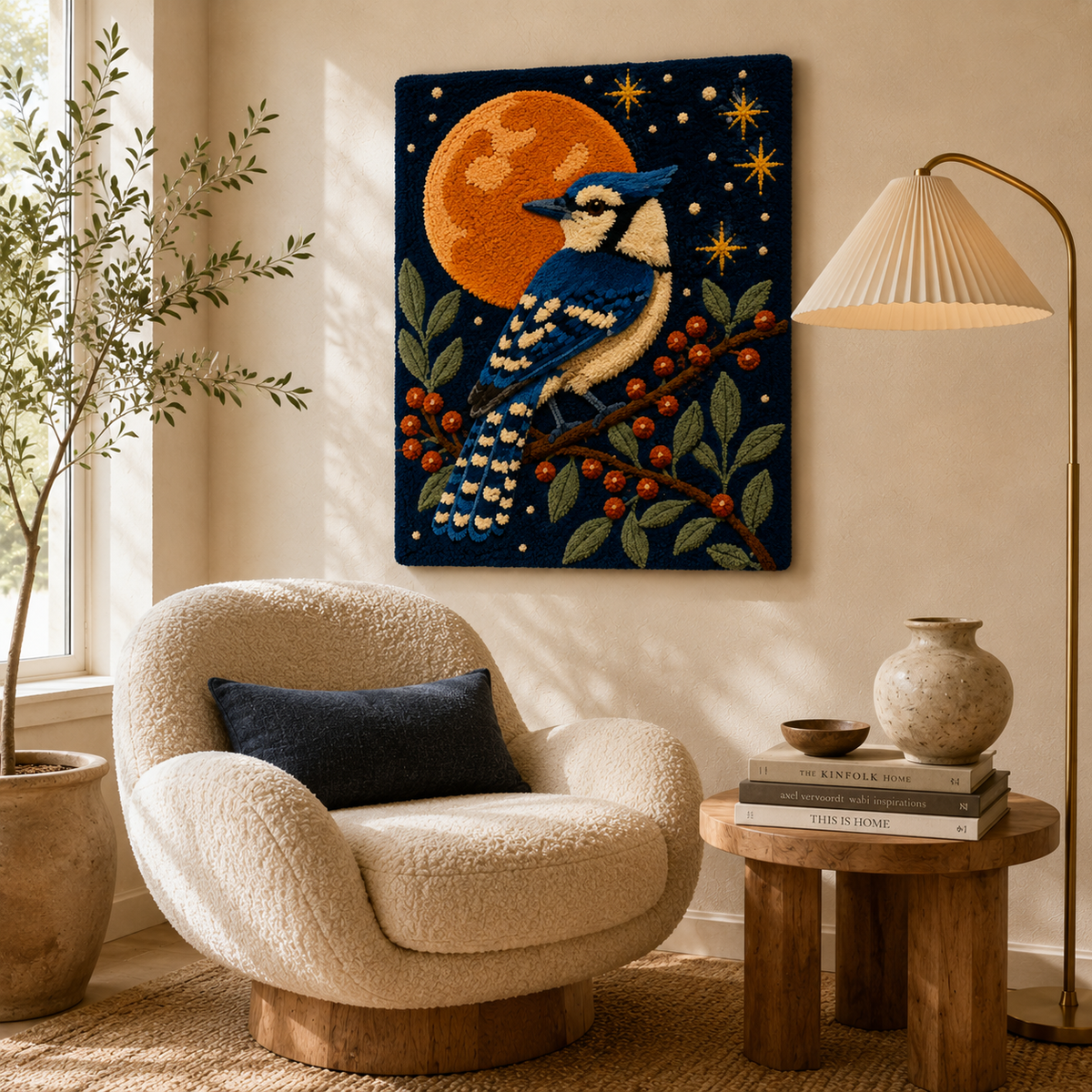 Hewn Earth Afterglow Nightingale wall art featuring a colorful bird illustration on a textured background.