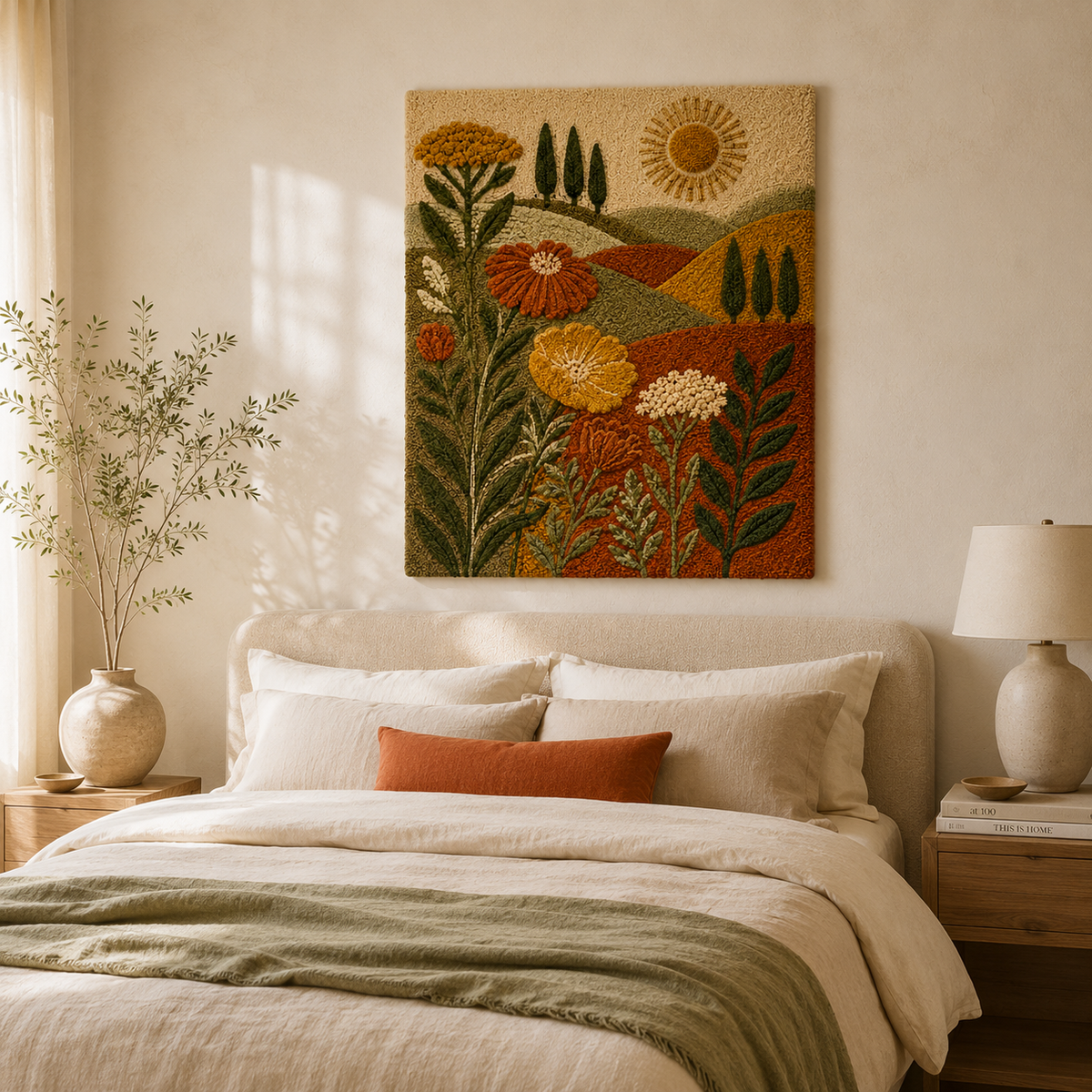 Hewn Earth Cinder Umber wall art featuring a textured, earthy-toned abstract design displayed on a modern room wall.