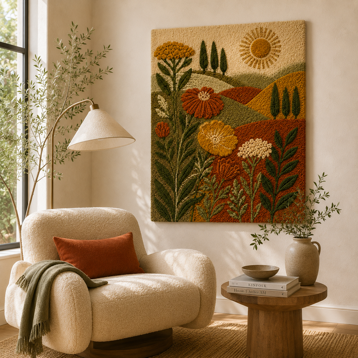 Close-up of Hewn Earth Cinder Umber wall art featuring earthy tones and textured surface in a detailed, natural landscape design.