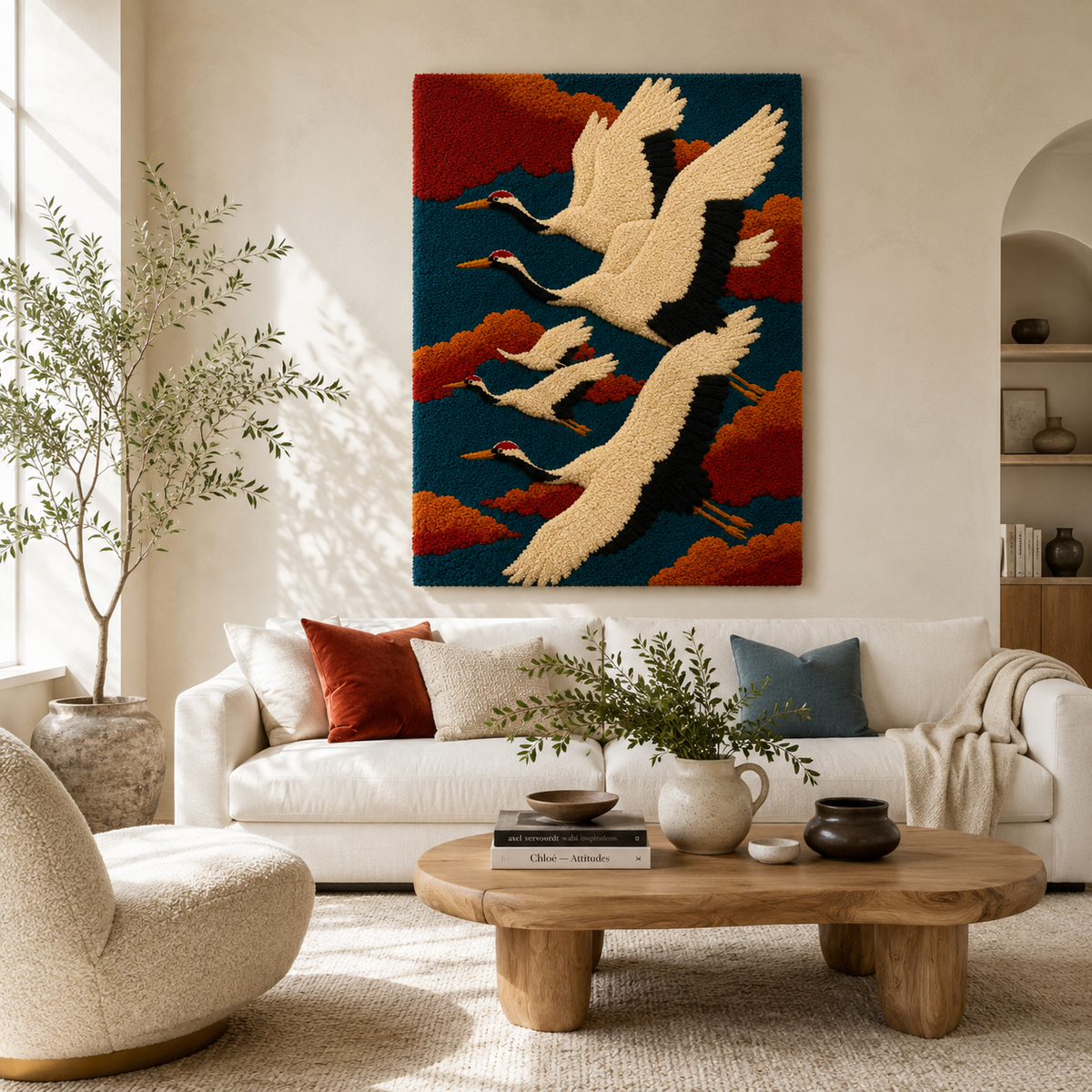 Hewn Earth Ember Cove wall art featuring a textured, abstract design in earthy tones on a smooth wall surface.