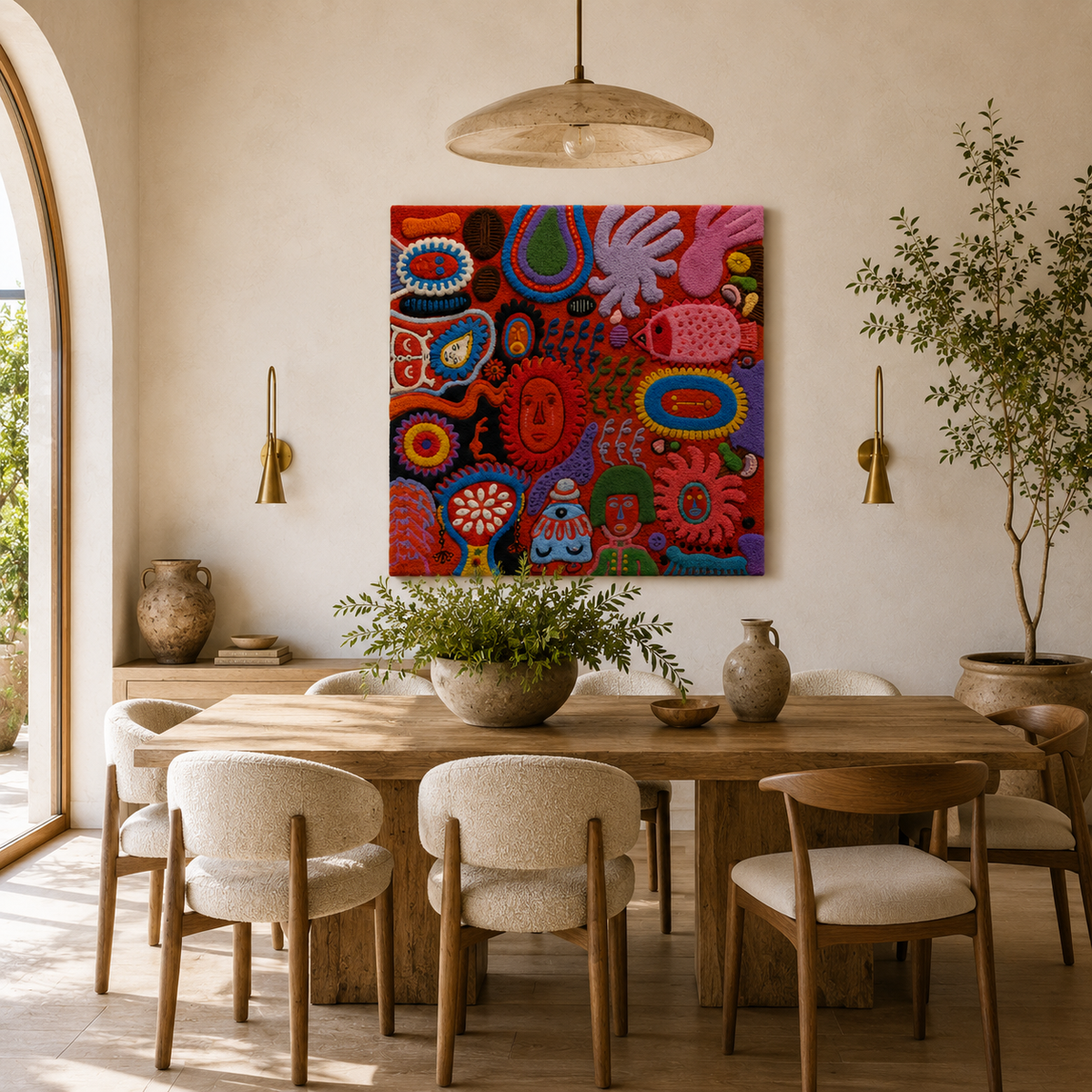 Hewn Earth Afterglow Lagoon wall art showcasing abstract blue and green tones on a framed canvas.