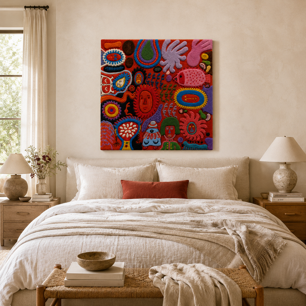 Hewn Earth Afterglow Lagoon wall art featuring vibrant blue and green abstract design on a canvas backdrop.