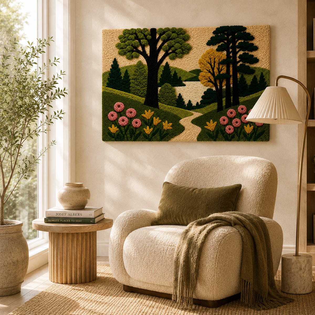 Hewn Earth Cinder Solstice wall art featuring earthy tones and abstract design, displayed on a modern room wall.
